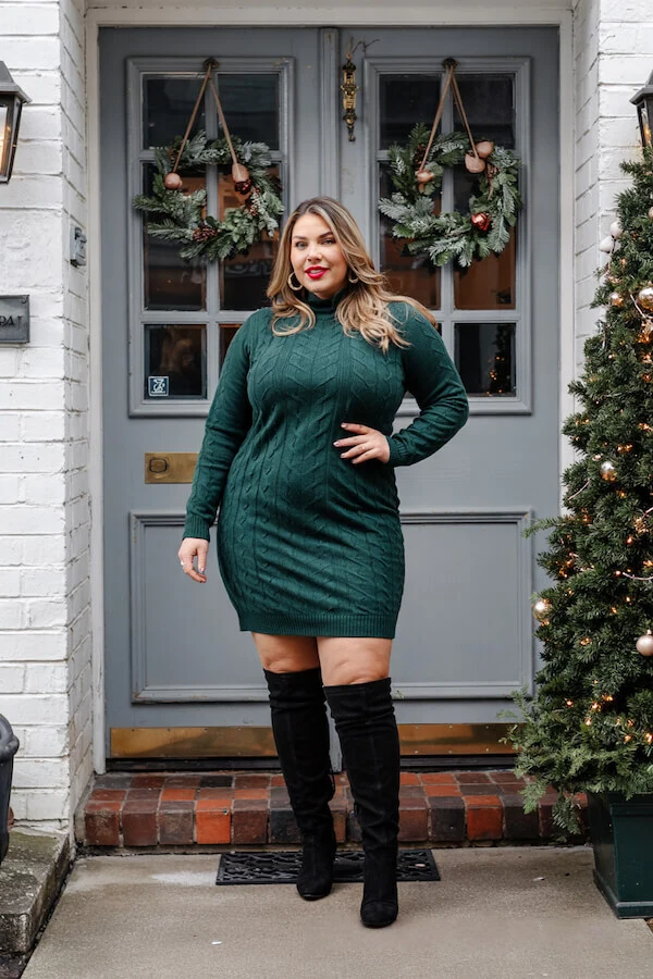 Green Cable Knit Sweater Dress Outfit with Over-the-Knee Boots