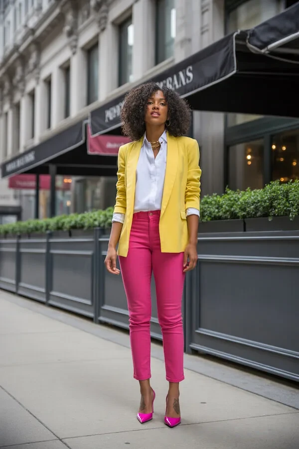 Yellow Blazer White Shirt Pink Trousers Color Block Outfit