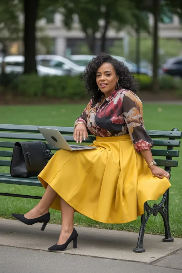 Mustard Yellow Midi Skirt with Floral Sheer Blouse Outfit