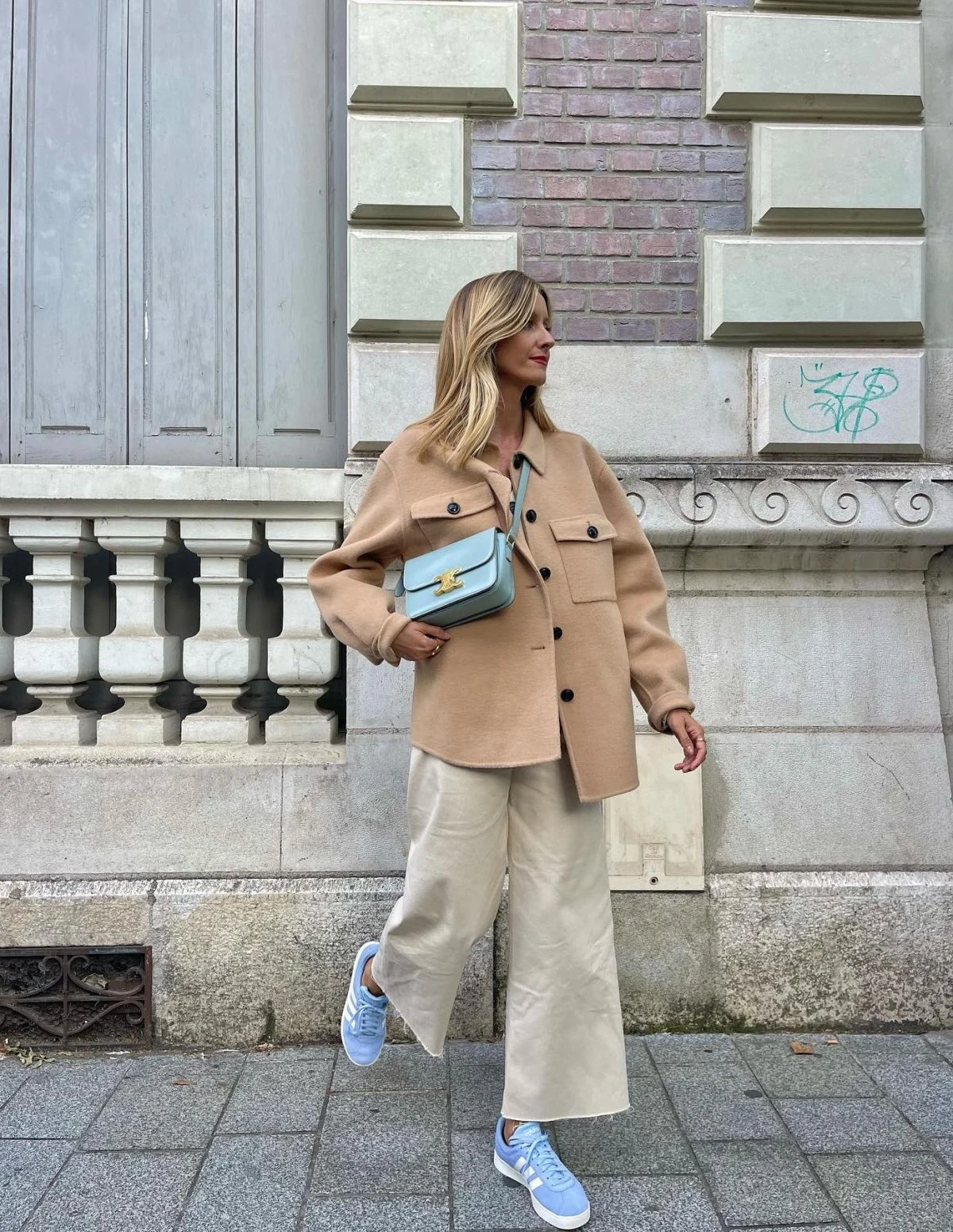 Camel Overshirt Outfit with Cream Wide Leg Trousers