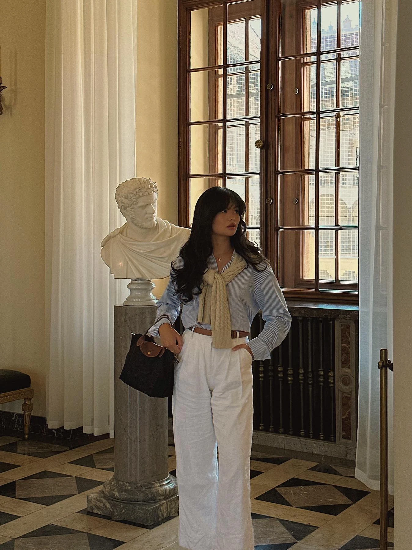 Blue Striped Shirt White Wide-Leg Trousers Outfit