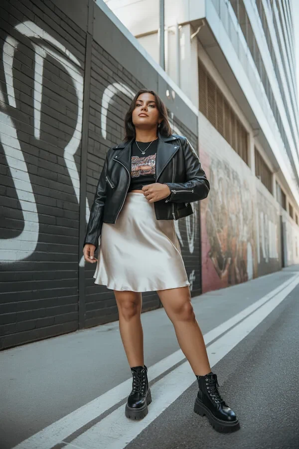 Black Leather Jacket Champagne Slip Skirt Outfit