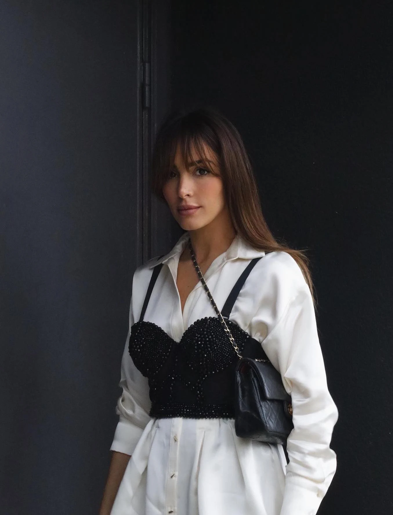White Shirt Dress Black Corset Top Outfit