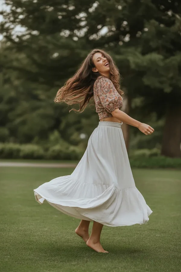 Floral Puff Sleeve Crop Top with White Tiered Midi Skirt