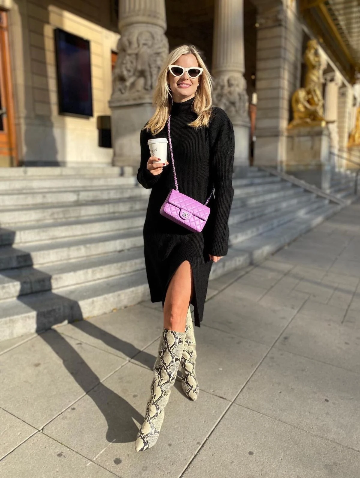 Black Knit Dress Outfit with Snake Print Boots and Pink Bag