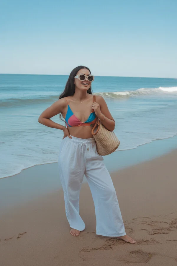 Sunset Gradient Bikini Top with White Linen Beach Trousers
