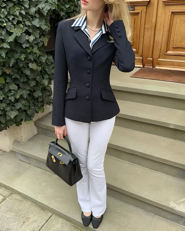 Navy Blazer White Trousers Striped Collar Work Outfit