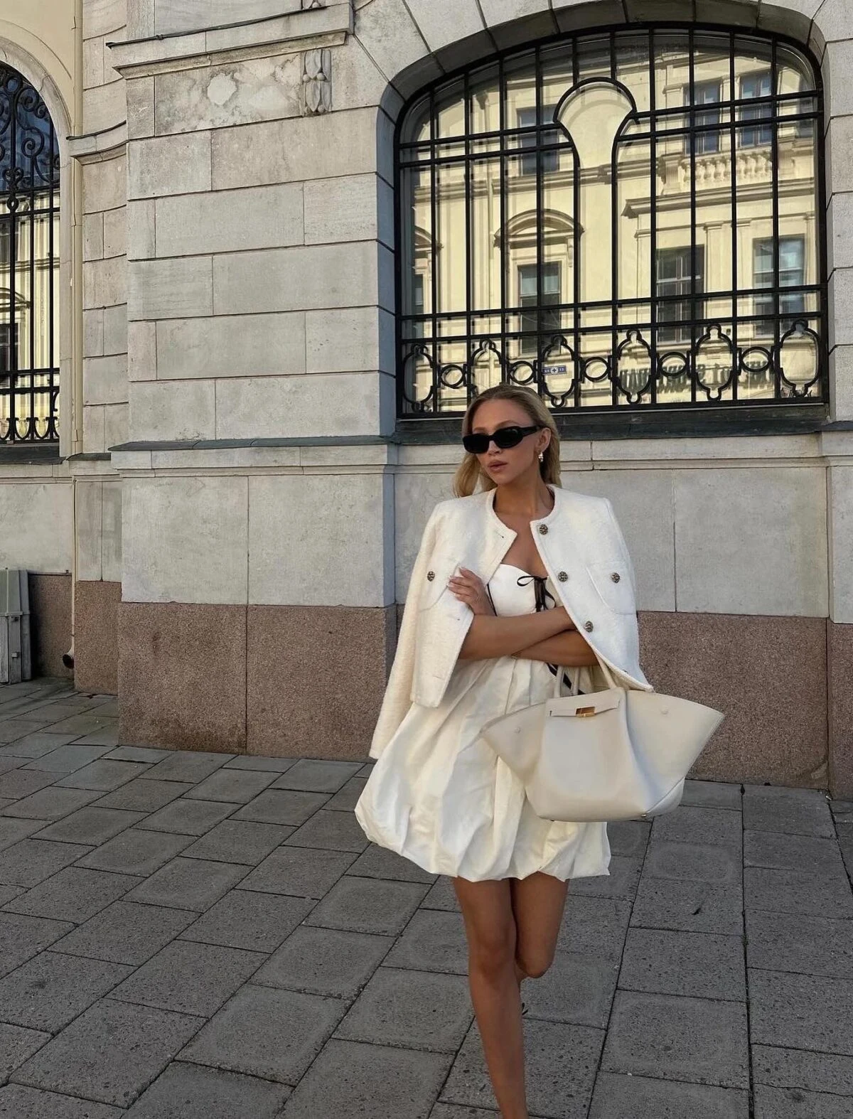 Cream Tweed Jacket Mini Skirt Outfit