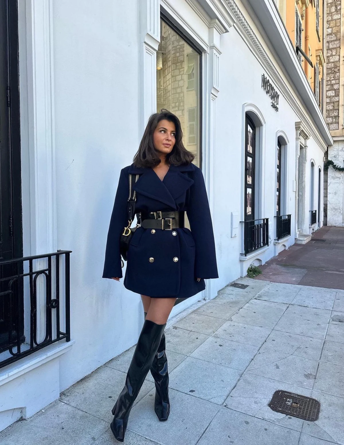 Navy Blazer Dress Outfit with Olive Belt and Knee-High Boots