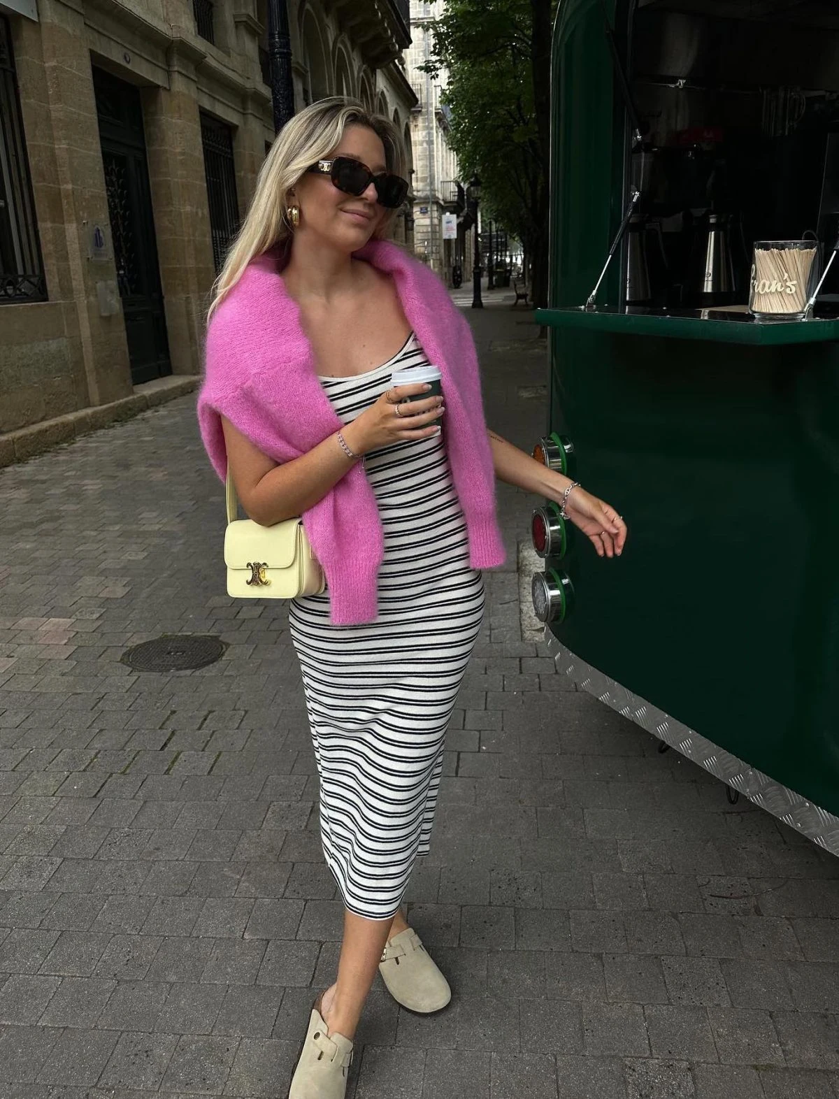 Striped Midi Dress with Pink Cardigan Outfit