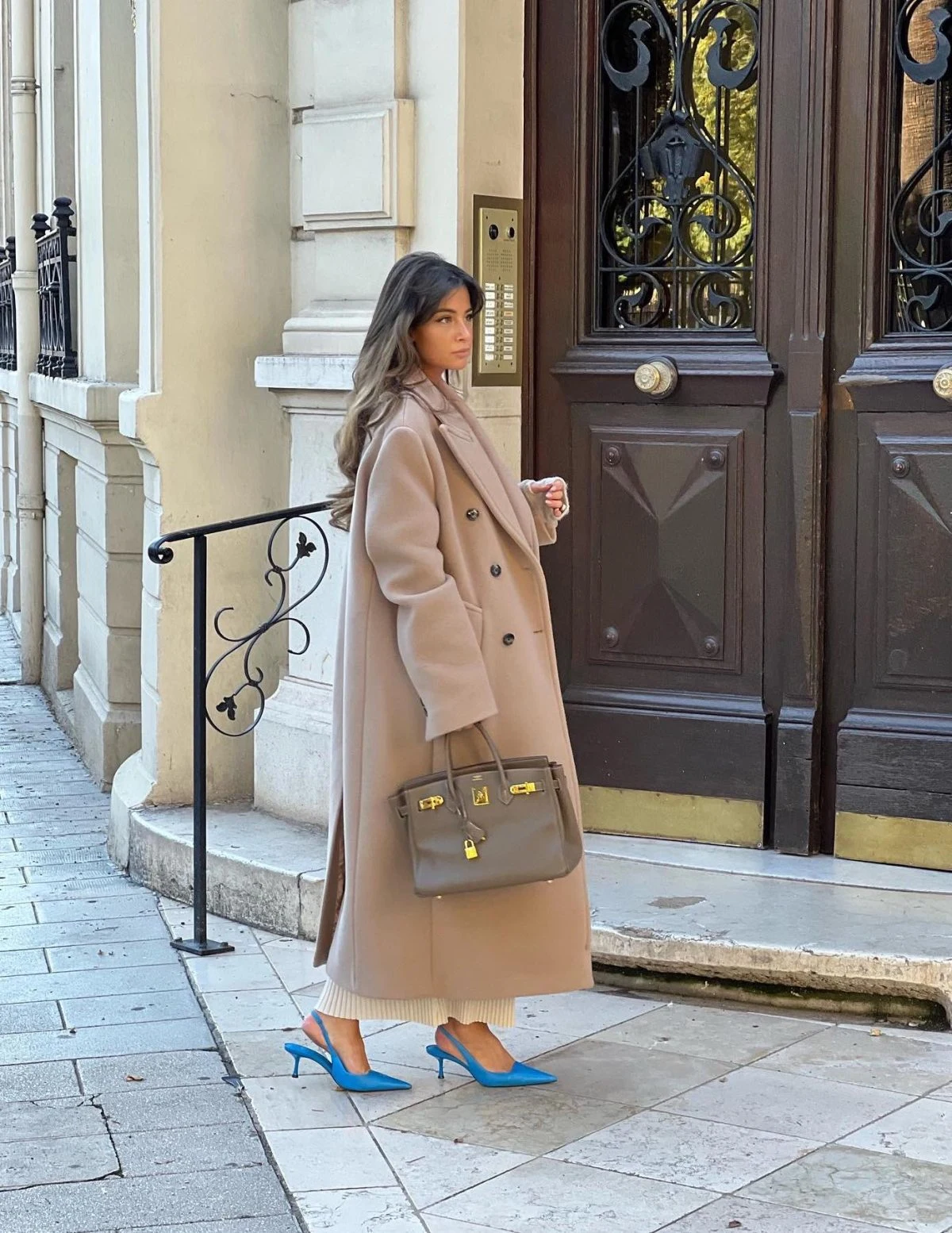 Camel Coat Outfit with Cream Knit Midi Skirt