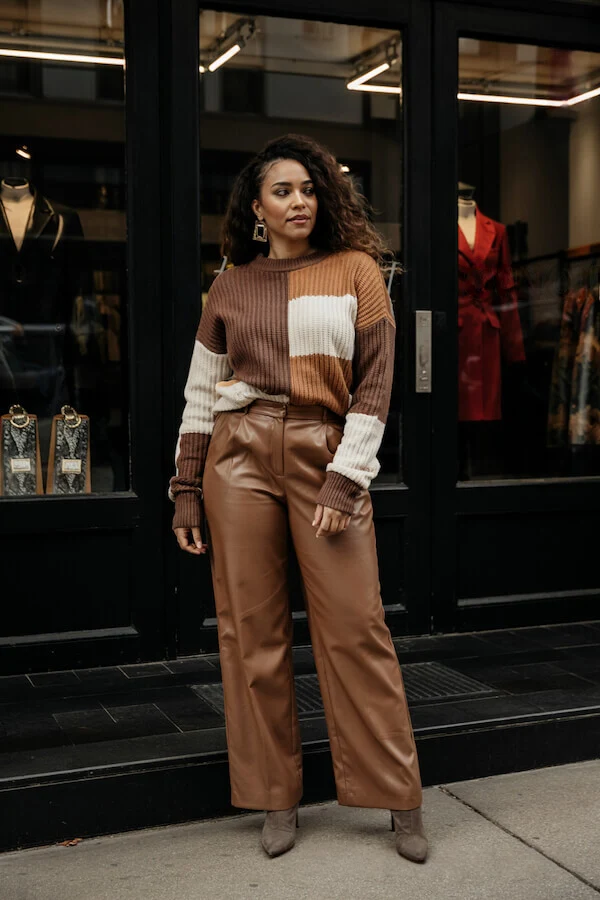 Camel Colorblock Sweater Brown Leather Trousers Outfit