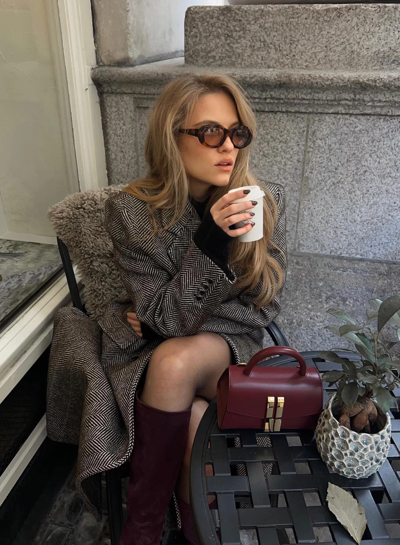 Herringbone Blazer Outfit with Black Turtleneck and Burgundy Bag
