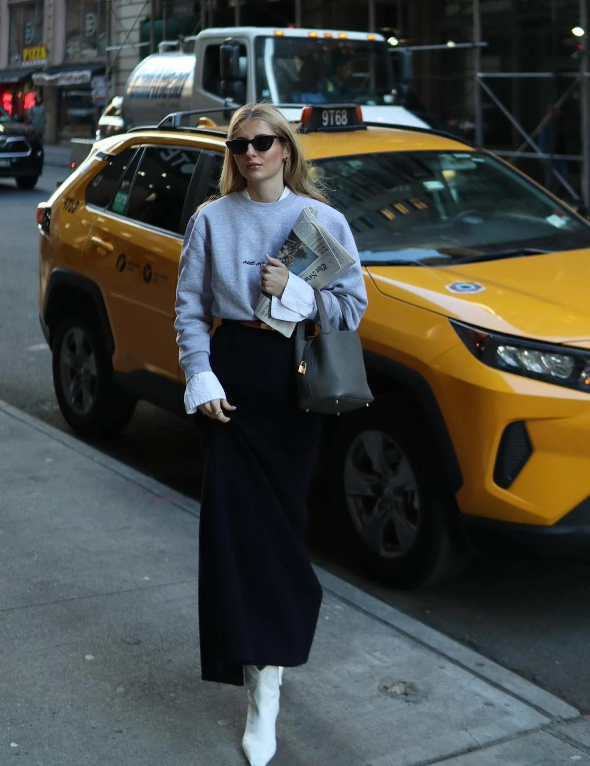 Grey Sweatshirt Black Maxi Skirt White Boots Outfit