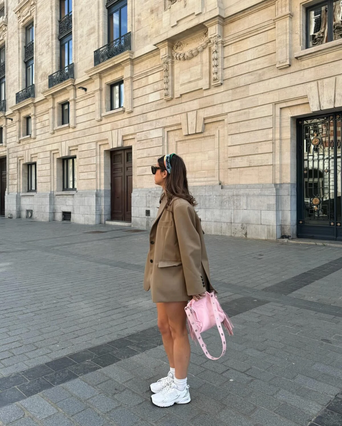 Camel Blazer Mini Skirt Outfit with Pink Bag