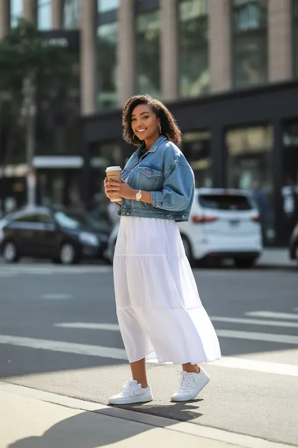 Denim Jacket White Midi Skirt Outfit