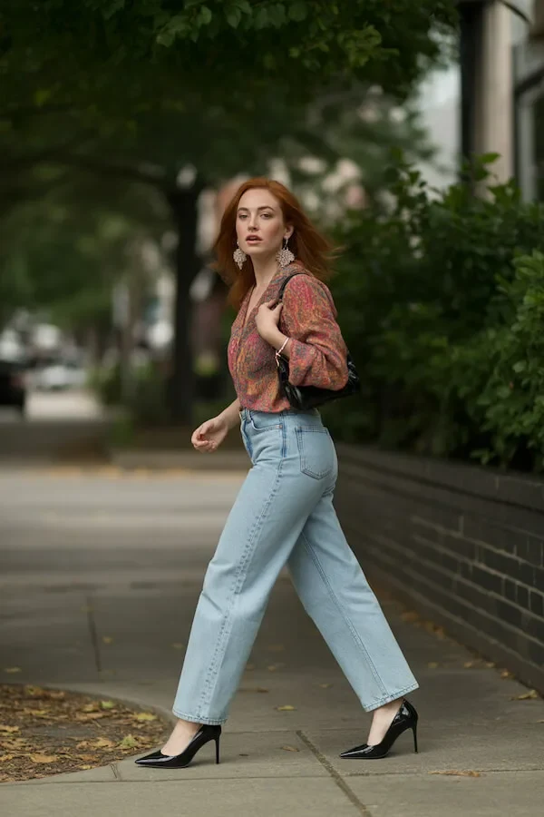 Paisley Print Blouse with Light Wash Wide-Leg Jeans and Black Heels