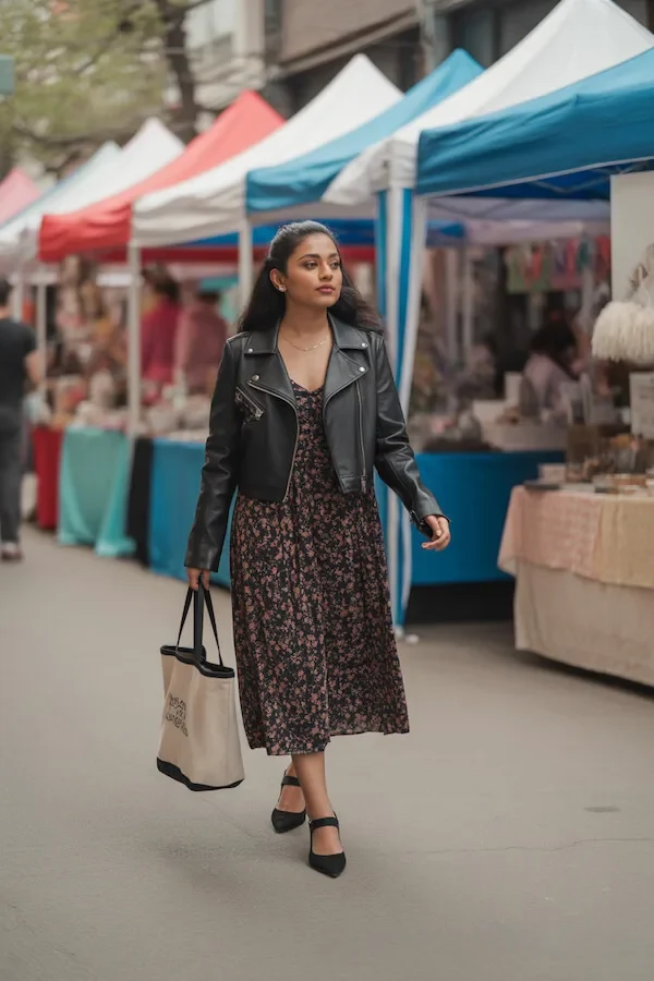 Black Leather Jacket with Floral Midi Dress and Mary Jane Flats