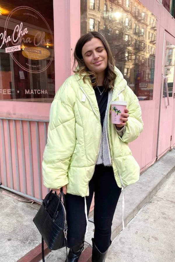 Lime Green Puffer Jacket Outfit with Black Jeans