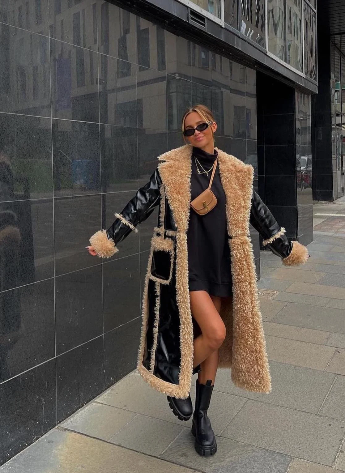 Shearling Leather Coat Outfit with Black Hoodie Dress