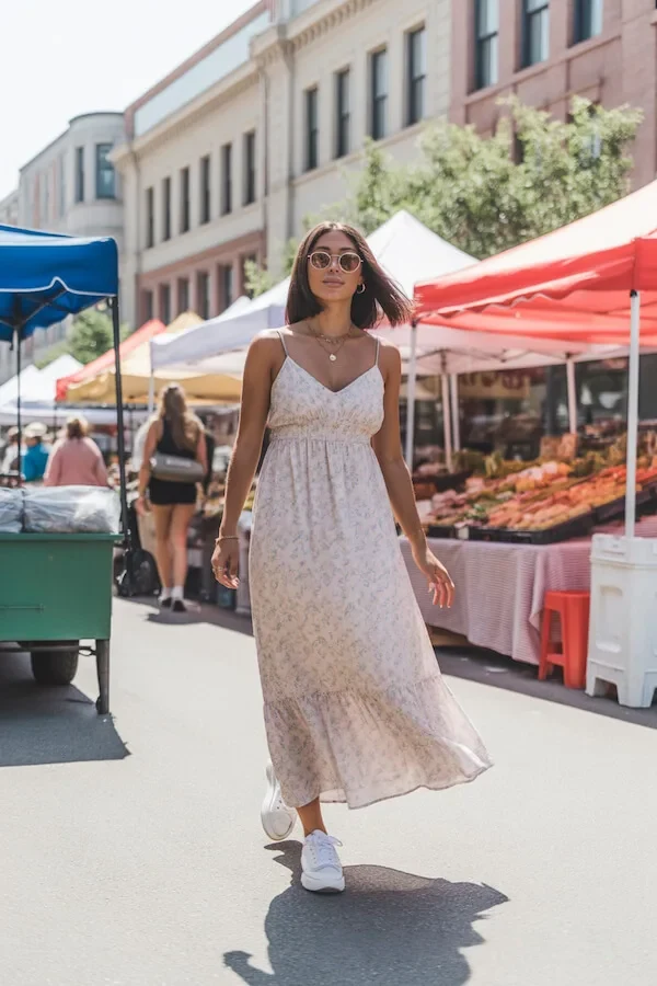 White Floral Midi Dress with Sneakers for Summer Market