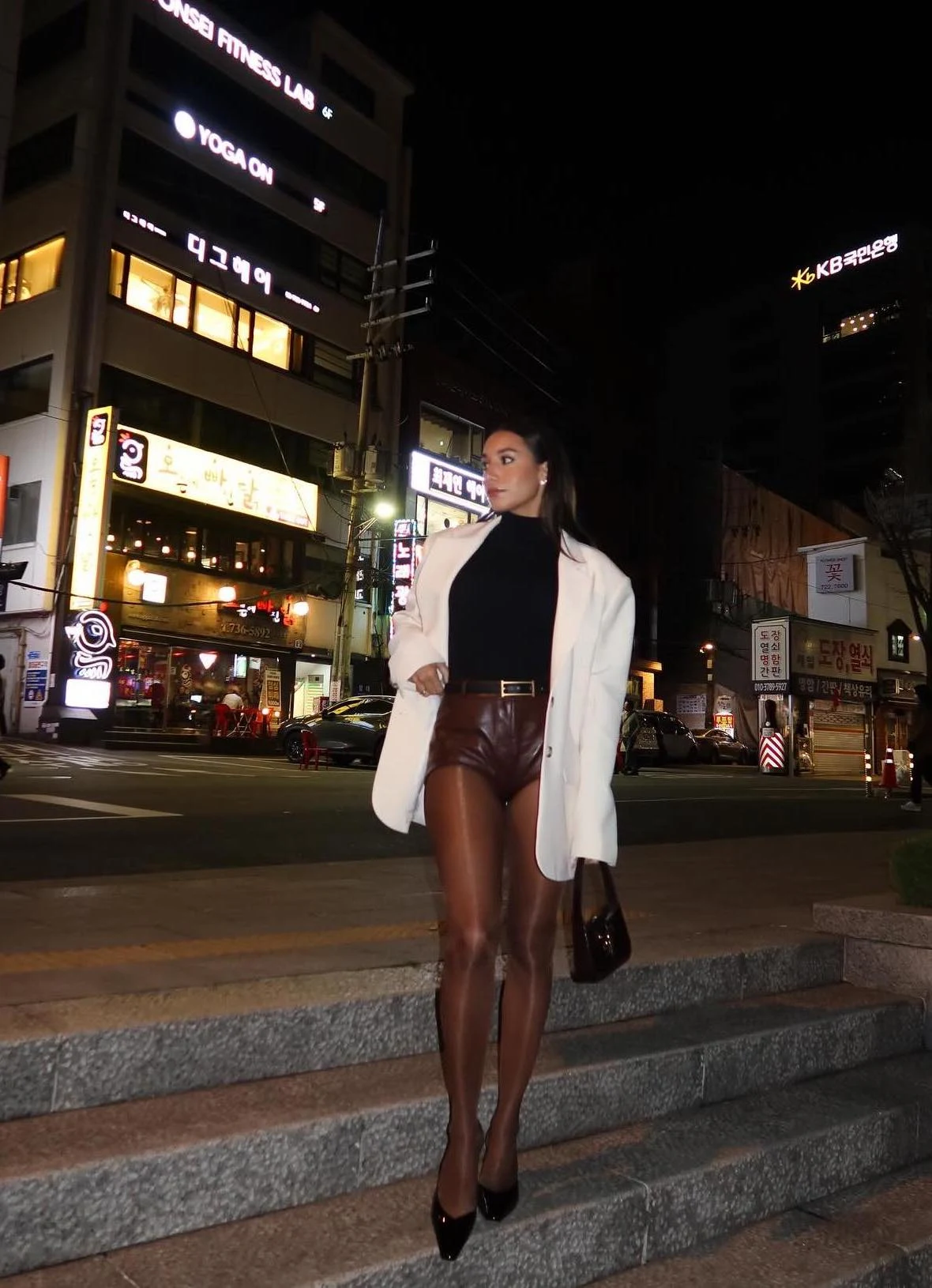Cream Blazer Brown Leather Shorts Black Bodysuit Outfit