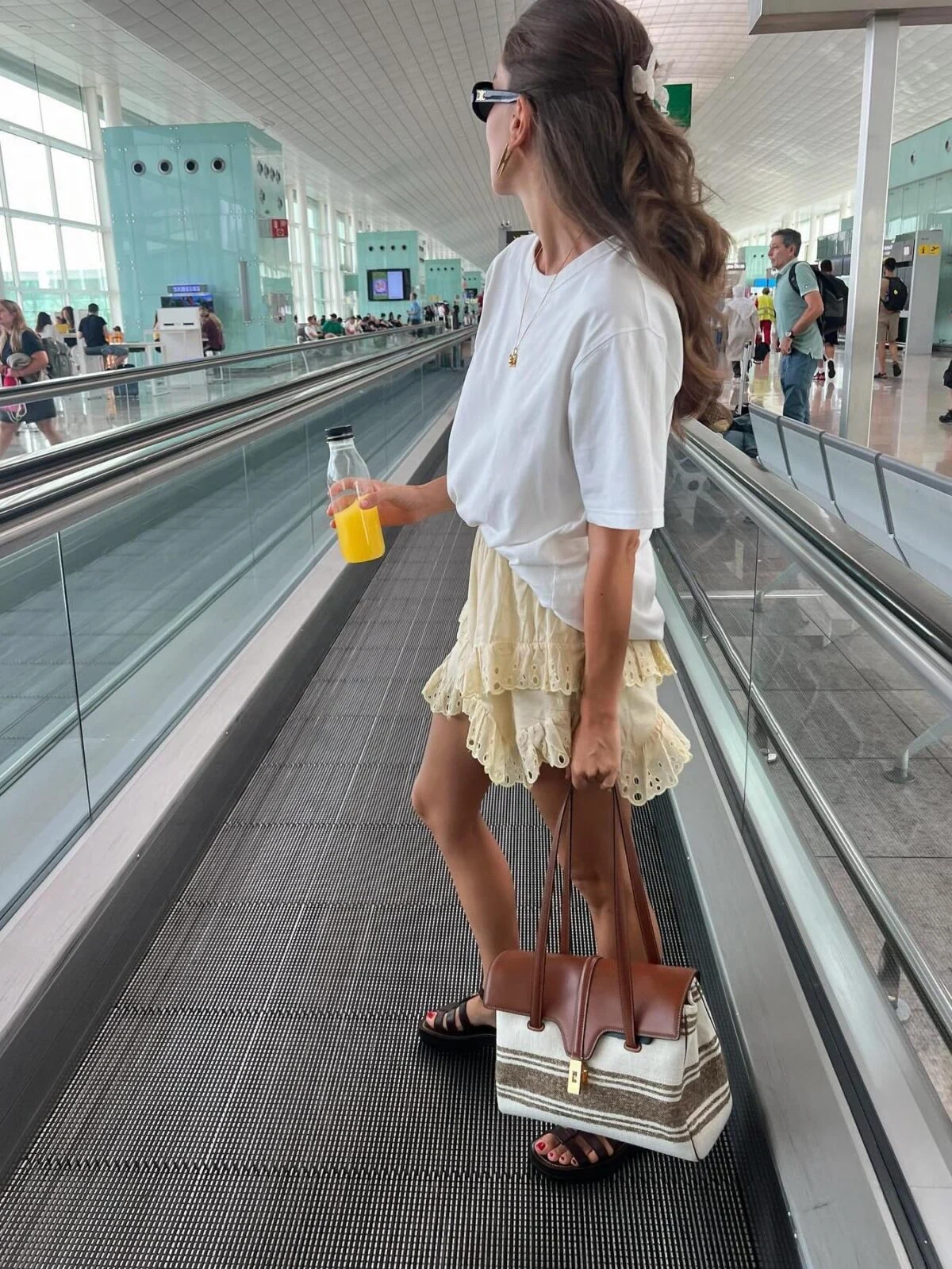 White Linen Top Cream Eyelet Lace Skirt Airport Outfit
