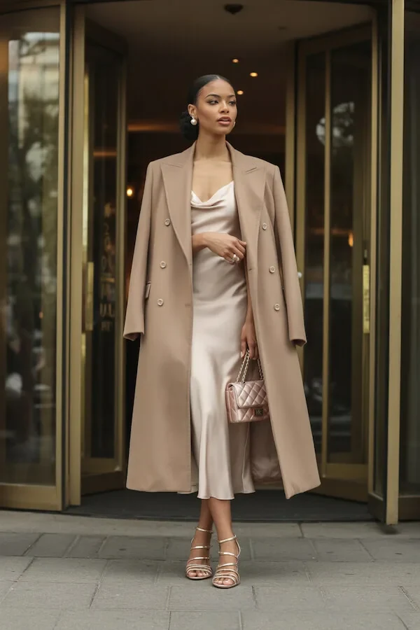 Camel Coat Champagne Slip Dress Outfit
