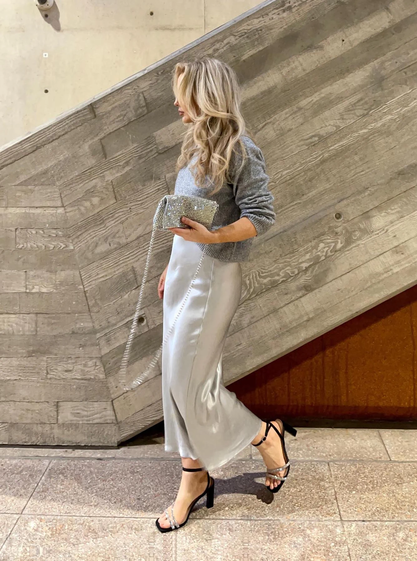 Silver Satin Midi Skirt Outfit with Grey Knit