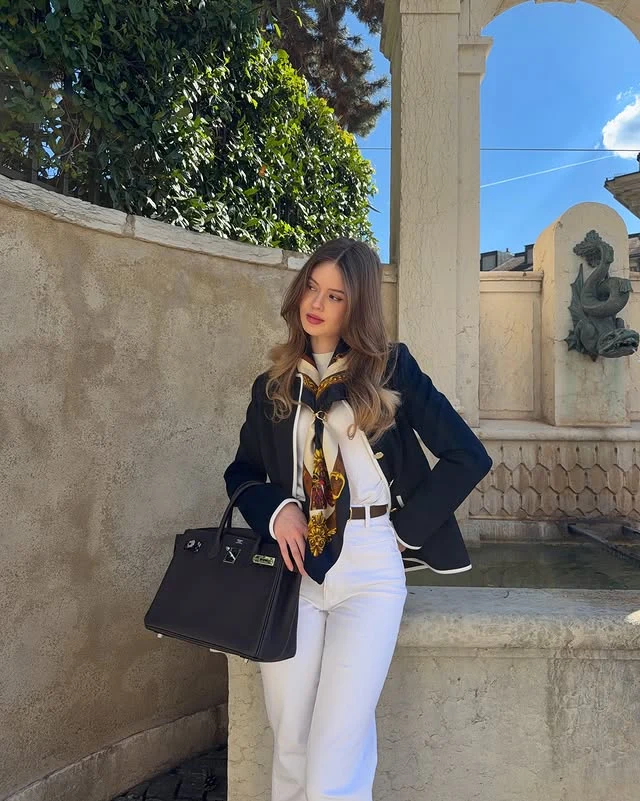 Black Blazer White Trousers Silk Scarf Outfit