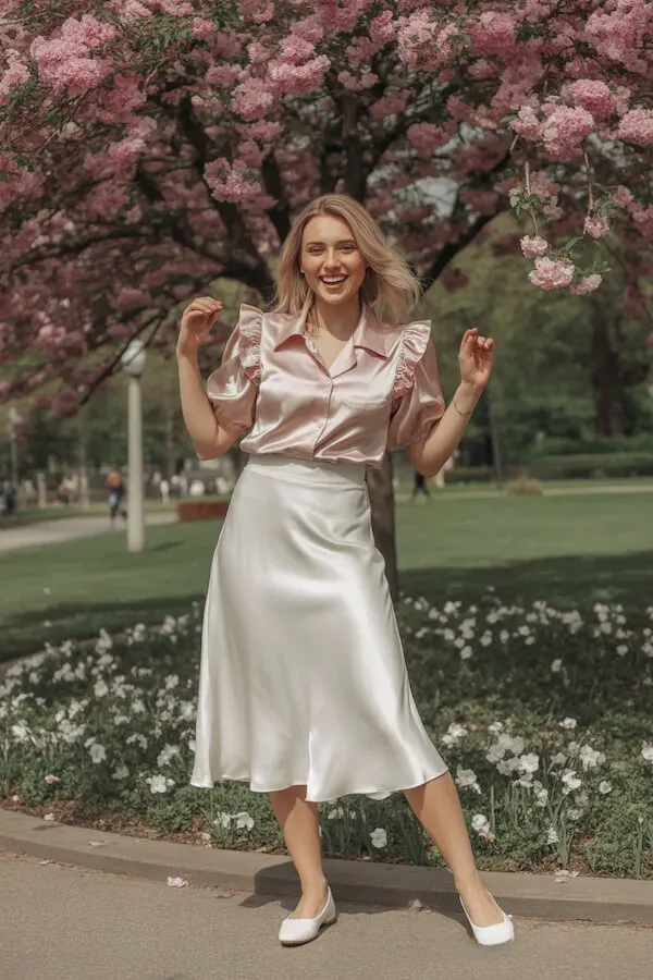 Pink Satin Blouse White Slip Skirt Spring Outfit