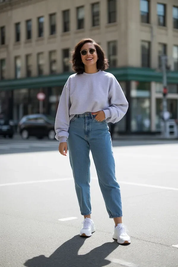 Oversized Grey Sweatshirt with High-Waisted Mom Jeans and White Sneakers