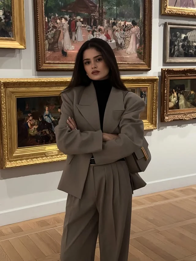 Taupe Belted Blazer Suit with Black Turtleneck Outfit