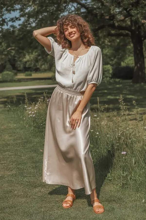 White Puff Sleeve Blouse with Champagne Satin Midi Skirt Summer Outfit
