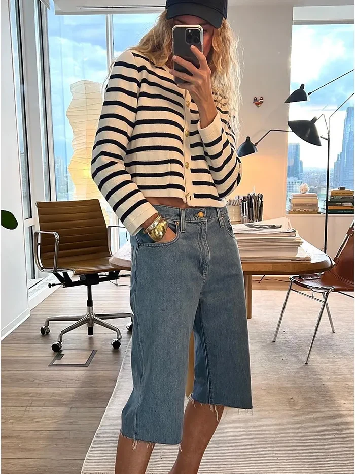 Cream Black Striped Cardigan Denim Bermuda Shorts Outfit