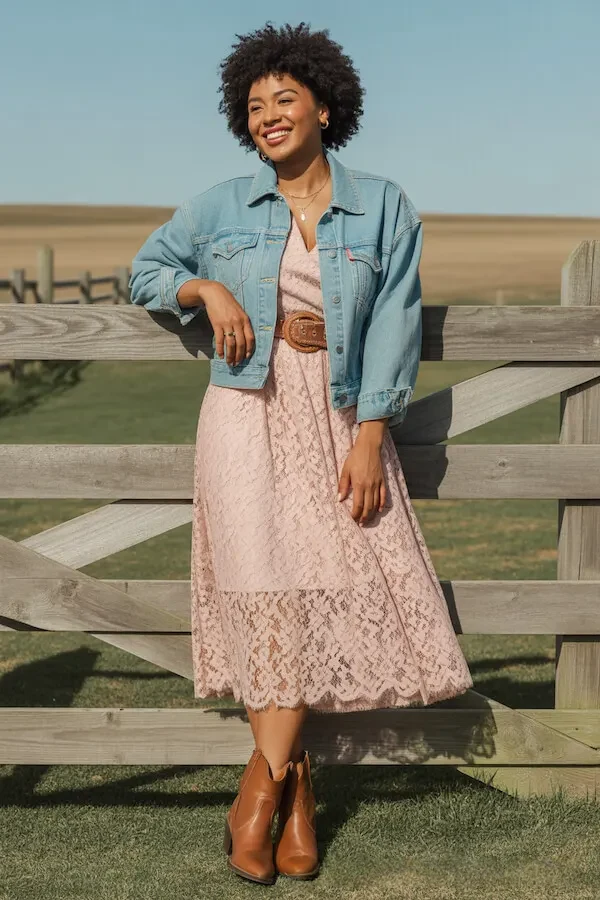 Pink Lace Midi Dress with Oversized Denim Jacket and Brown Leather Boots