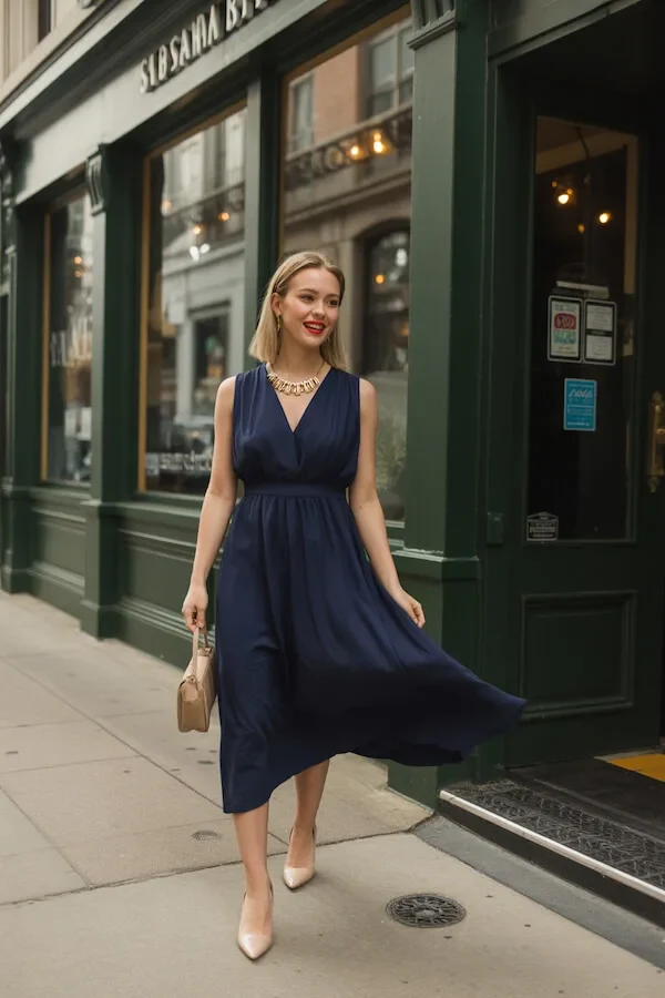 Navy Blue Midi Dress Outfit with Gold Necklace