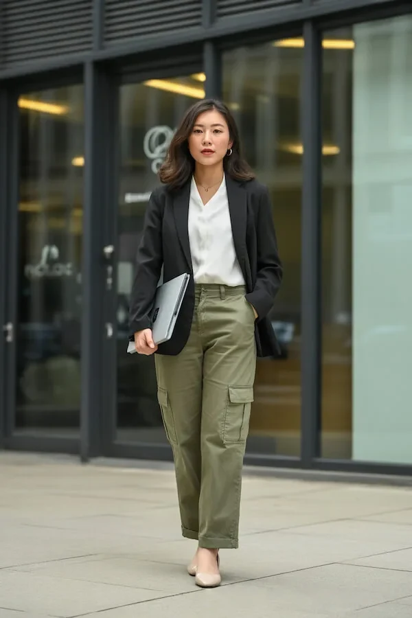 Black Blazer Olive Cargo Trousers White Shirt Work Outfit