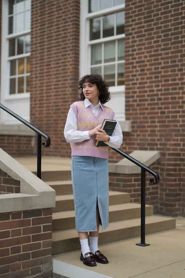 Lilac Argyle Sweater Vest with White Shirt and Denim Midi Skirt