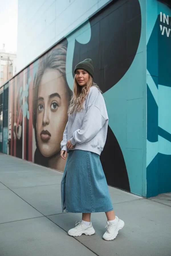 Oversized Grey Sweatshirt with Denim Midi Skirt and Chunky White Sneakers