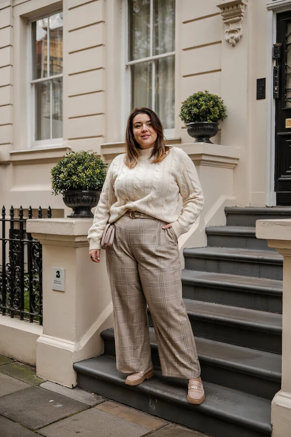 Cream Cable Knit Sweater Beige Check Trousers Outfit