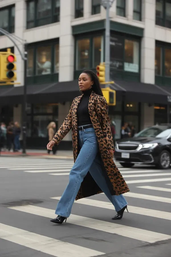 Leopard Print Coat with High-Waisted Wide-Leg Jeans and Black Turtleneck