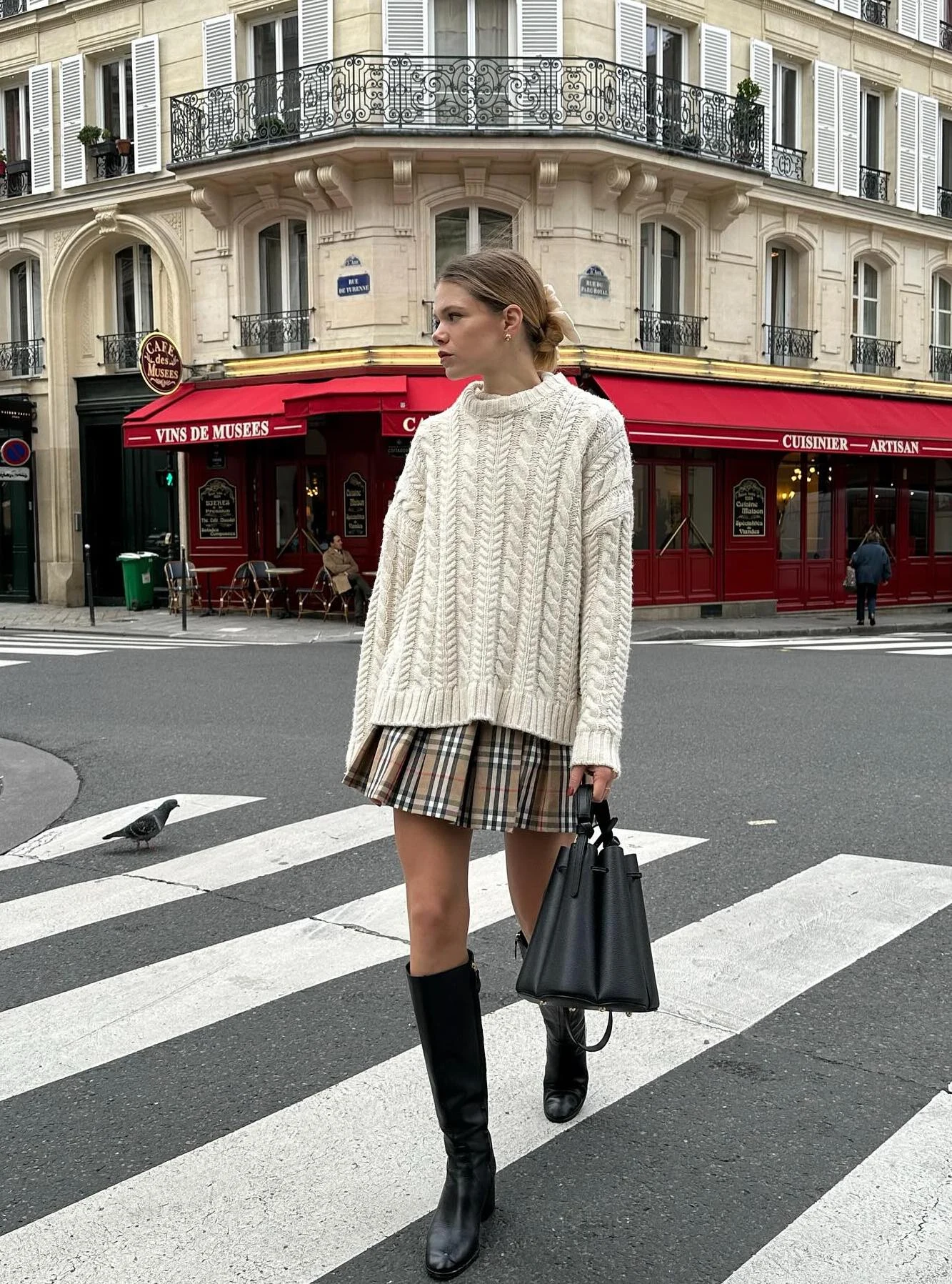 Cream Cable Knit Sweater Pleated Check Skirt Outfit