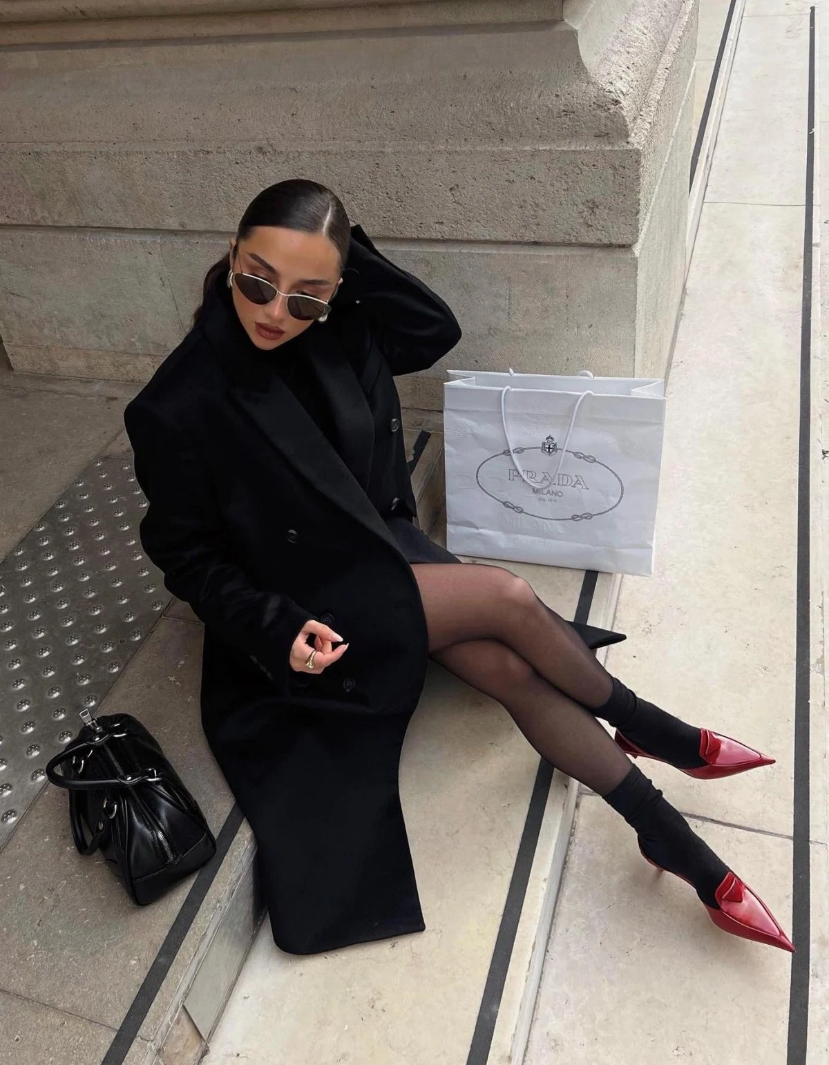 Black Blazer Dress Red Pumps Outfit