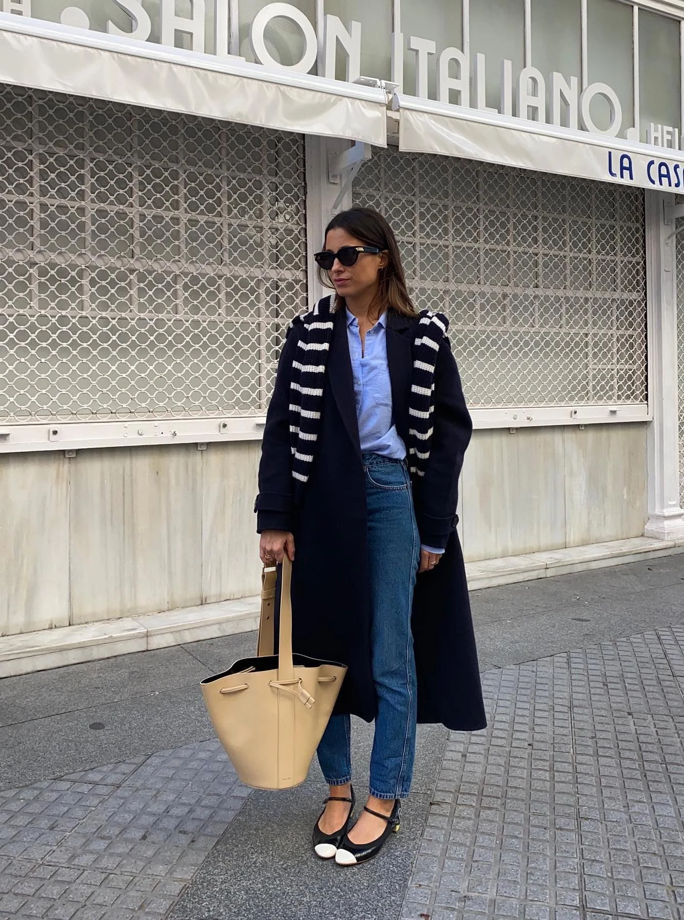 Navy Military Coat Outfit with Blue Shirt and Jeans