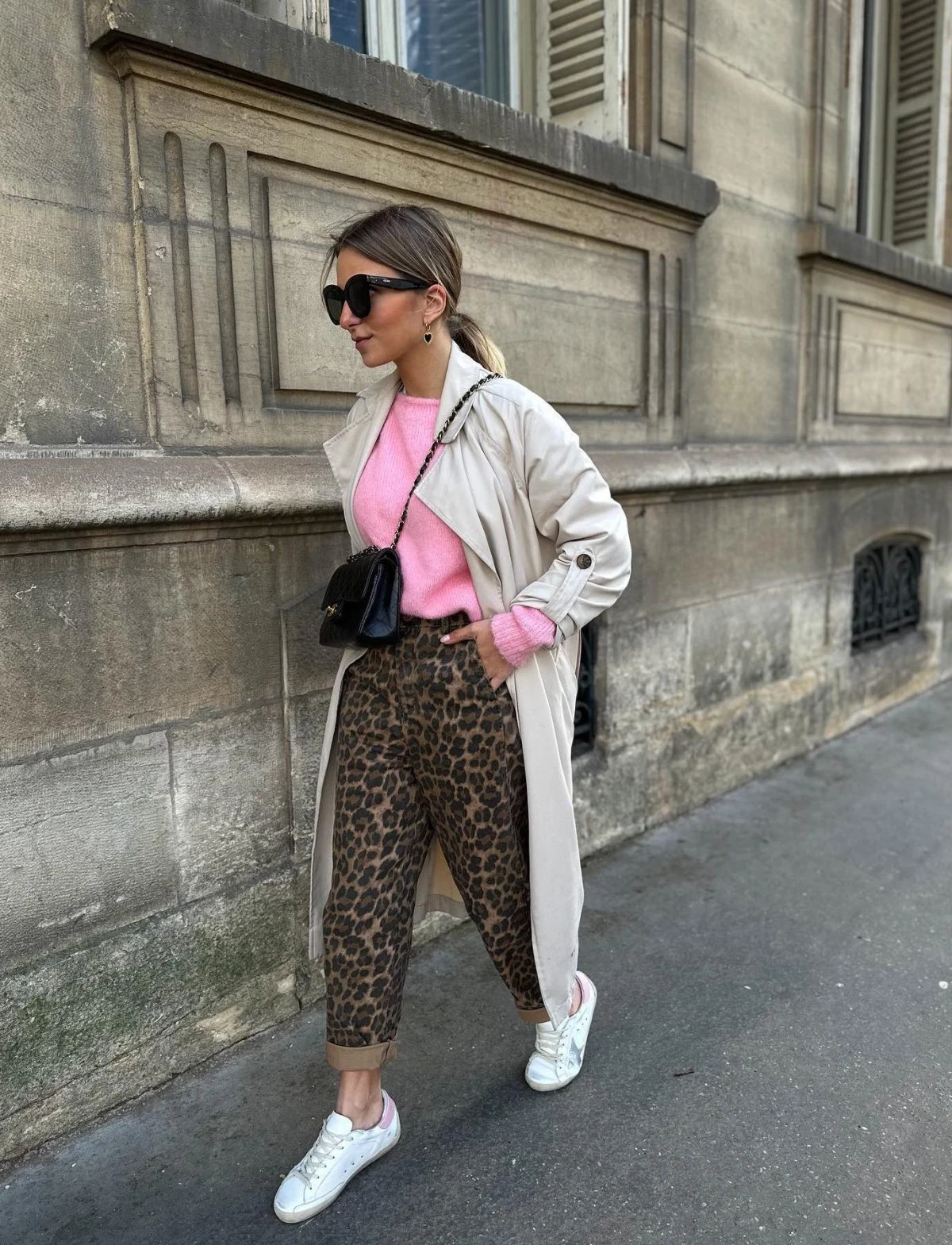 Pink Knit Leopard Print Trousers Beige Trench Outfit
