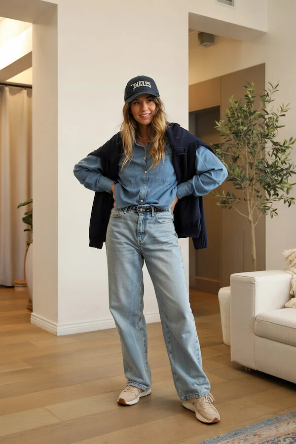 Chambray Shirt Light Wash Jeans Outfit with Black Blazer