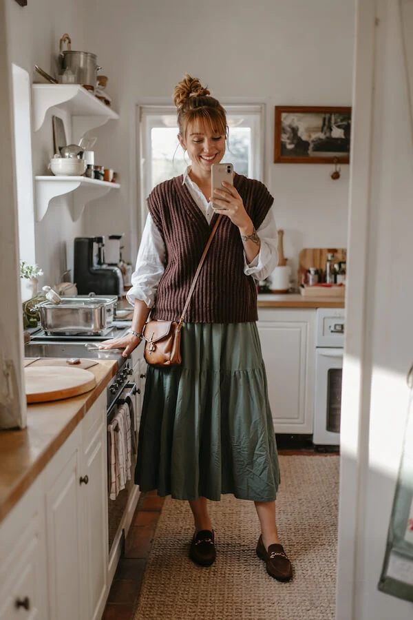 Brown Knit Vest White Shirt Green Tiered Skirt Outfit