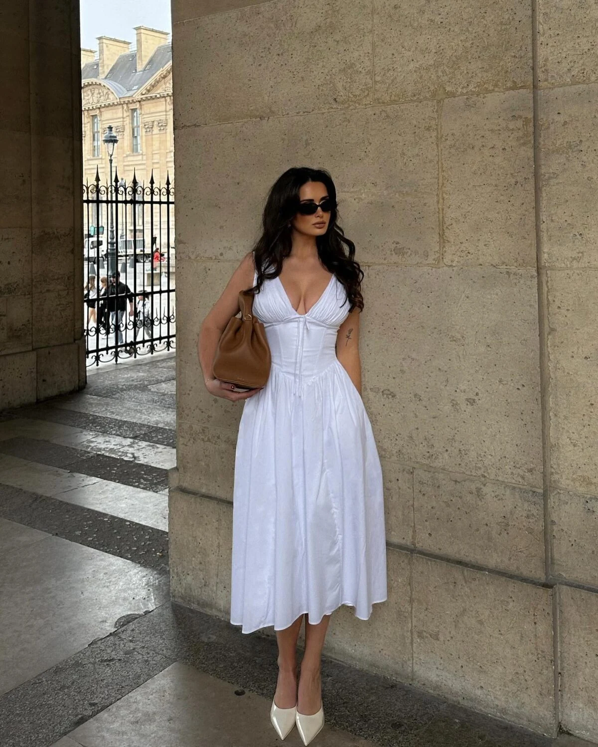 White Midi Dress Outfit with Tan Bucket Bag