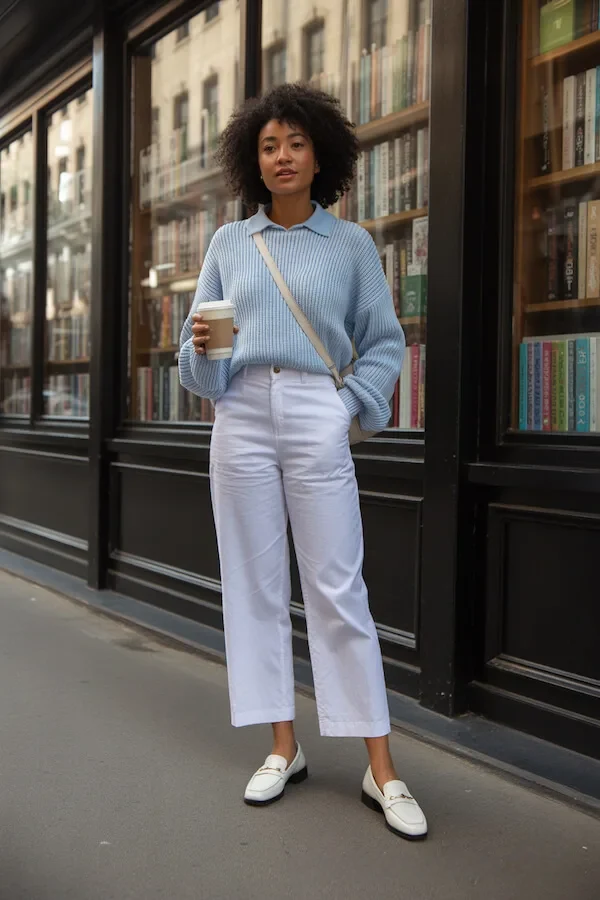 Light Blue Knit Polo Outfit with White Trousers